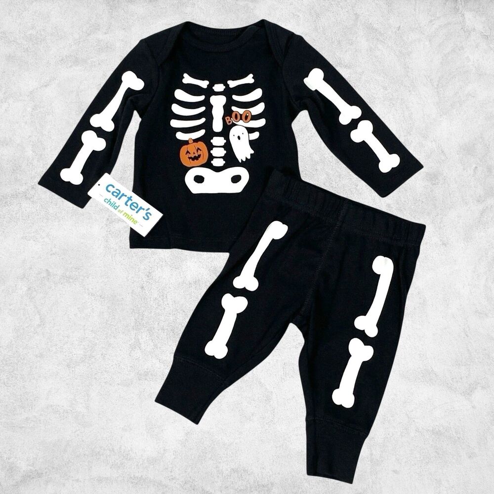 Carters Skeleton Outfit Boys 0-3 M Halloween Top Pants Bones Ghost Pumpkin NEW